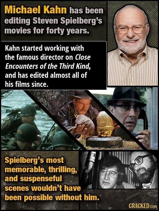 Michael Kahn has been editing Steven Spielberg's movies for forty years. Kahn started working with the famous director on Close Encounters of the Third Kind, and has edited almost all of his films since. Spielberg's most memorable, thrilling, and suspenseful scenes wouldn't have been possible without him. CRACKED.COM