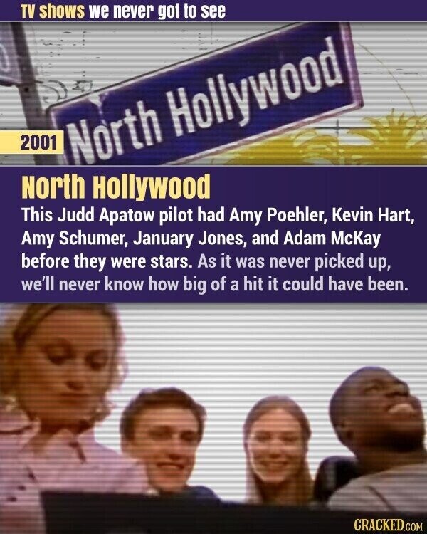 TV shows we never got to see 2001 North Hollywood North Hollywood This Judd Apatow pilot had Amy Poehler, Kevin Hart, Amy Schumer, January Jones, and Adam McKay before they were stars. As it was never picked up, we'll never know how big of a hit it could have been. CRACKED.COM