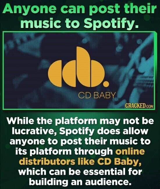 Anyone can post their music to Spotify. CD BABY CRACKED.COM While the platform may not be lucrative, Spotify does allow anyone to post their music to its platform through online distributors like CD Baby, which can be essential for building an audience.