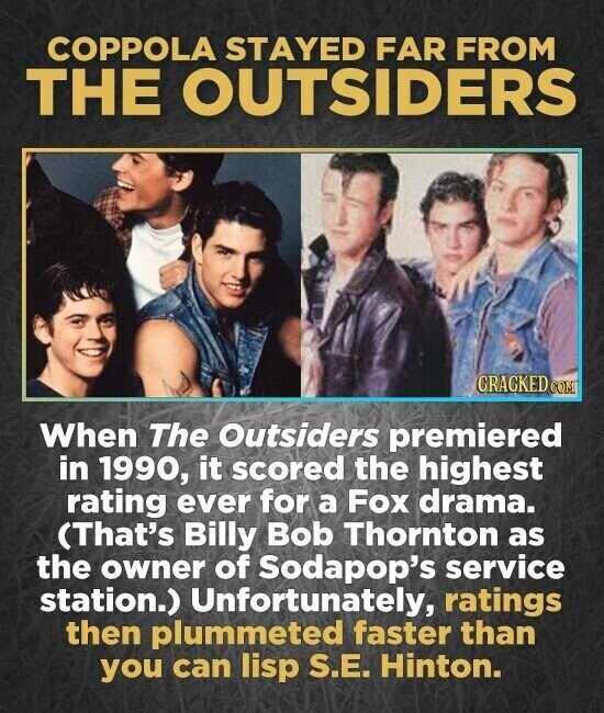 COPPOLA STAYED FAR FROM THE OUTSIDERS CRACKED.COM When The Outsiders premiered in 1990, it scored the highest rating ever for a Fox drama. (That's Billy Bob Thornton as the owner of Sodapop's service station.) Unfortunately, ratings then plummeted faster than you can lisp S.E. Hinton.
