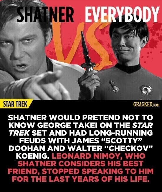 SHATNER EVERYBODY STAR TREK CRACKED.COM SHATNER WOULD PRETEND NOT TO KNOW GEORGE TAKEI ON THE STAR TREK SET AND HAD LONG-RUNNING FEUDS WITH JAMES SCOTTY DOOHAN AND WALTER CHECKOV KOENIG. LEONARD NIMOY, WHO SHATNER CONSIDERS HIS BEST FRIEND, STOPPED SPEAKING TO HIM FOR THE LAST YEARS OF HIS LIFE.