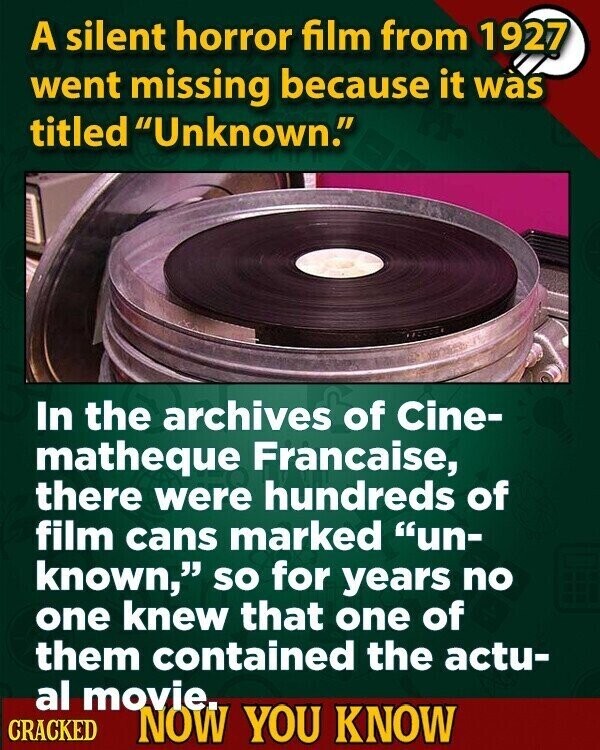 A silent horror film from 1927 went missing because it was titled Unknown. In the archives of Cine- matheque Francaise, there were hundreds of film cans marked un- known, so for years no one knew that one of them contained the actu- al movie. CRACKED NOW YOU KNOW