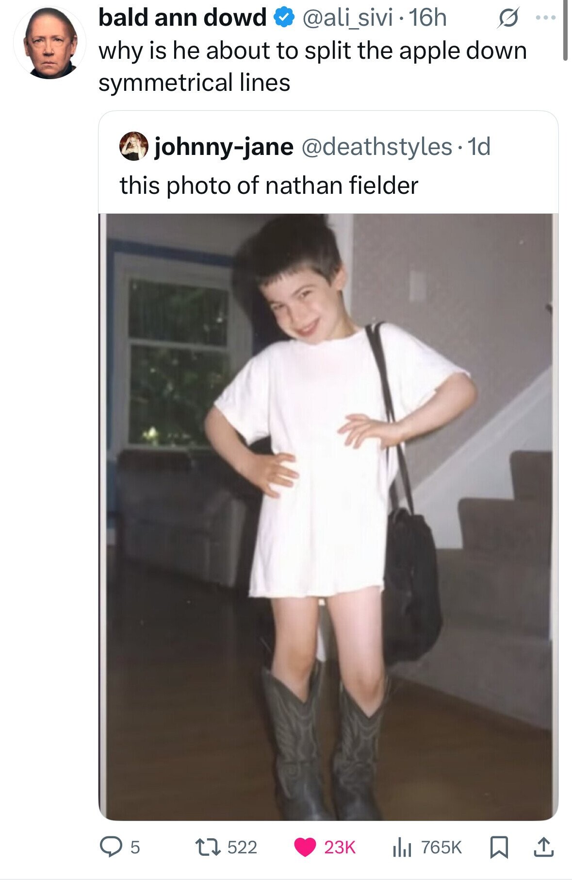bald ann dowd @ali_sivi 16h S ... why is he about to split the apple down symmetrical lines johnny-jane @deathstyles. 1d this photo of nathan fielder 522 23K 5 765K