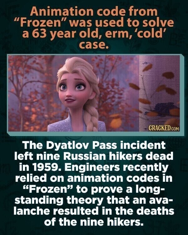 Animation code from Frozen was used to solve a 63 year old, erm, 'cold' case. CRACKED.COM The Dyatlov Pass incident left nine Russian hikers dead in 1959. Engineers recently relied on animation codes in Frozen to prove a long- standing theory that an ava- lanche resulted in the deaths of the nine hikers.