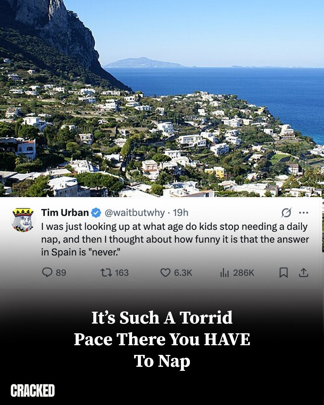 Tim Urban G ... @waitbutwhy 19h was just looking up at what age do kids stop needing a daily nap, and then I thought about how funny it is that the answer in Spain is never. 89 163 6.3K del 286K It's Such A Torrid Pace There You HAVE To Nap CRACKED
