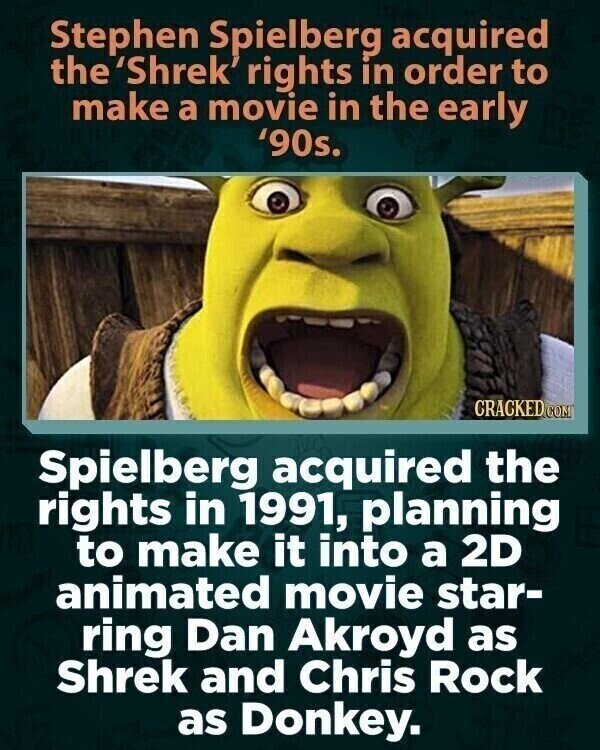 Stephen Spielberg acquired the 'Shrek' rights in order to make a movie in the early '90s. CRACKED.COM Spielberg acquired the rights in 1991, planning to make it into a 2D animated movie star- ring Dan Akroyd as Shrek and Chris Rock as Donkey.