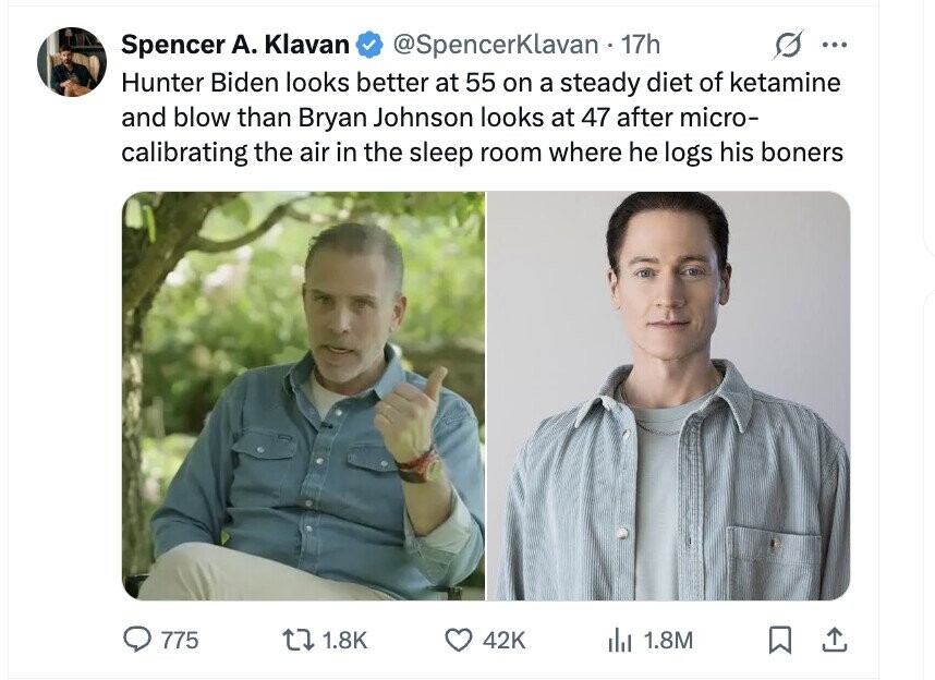 Spencer А. Klavan @SpencerKlavan - 1 17h ... Hunter Biden looks better at 55 on a steady diet of ketamine and blow than Bryan Johnson looks at 47 after micro- calibrating the air in the sleep room where he logs his boners 775 1.8K 42K del 1.8M