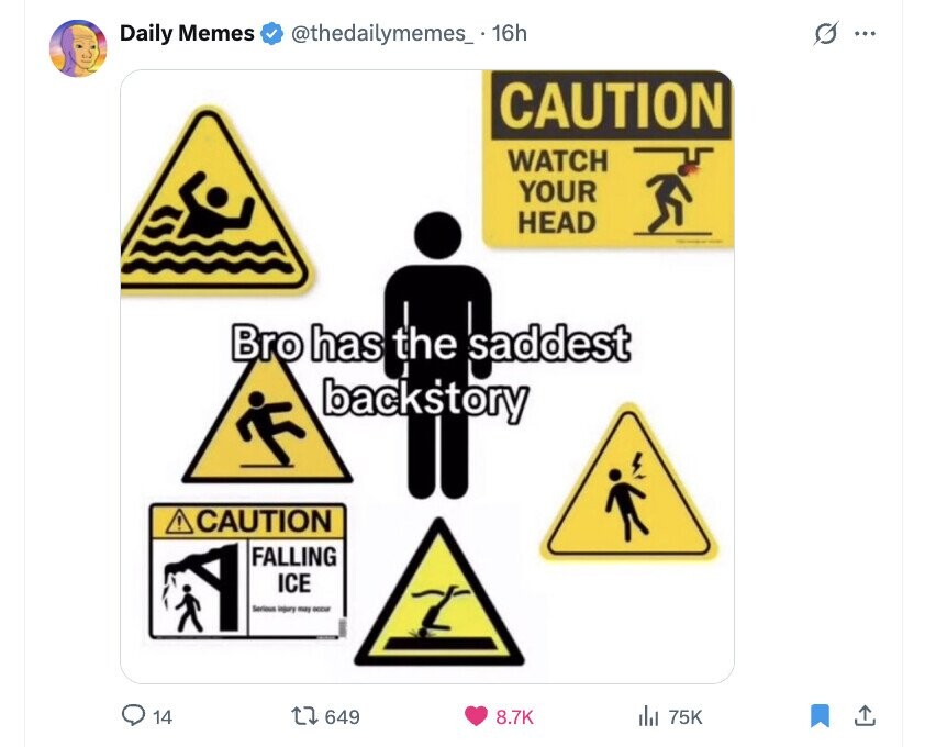 Daily Memes @thedailymemes_.16h G ... CAUTION WATCH YOUR HEAD - Bro has the saddest backstory CAUTION FALLING ICE Serious injury may occur 14 649 8.7K del 75K 