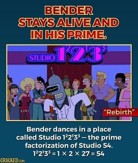 BENDER STAYS ALIVE AND IN HIS PRIME. STUDIO 123 Rebirth Bender dances in a place called Studio 122133-the prime factorization of Studio 54. 122133 = 1 x 2 x 27 = 54 CRACKED.COM