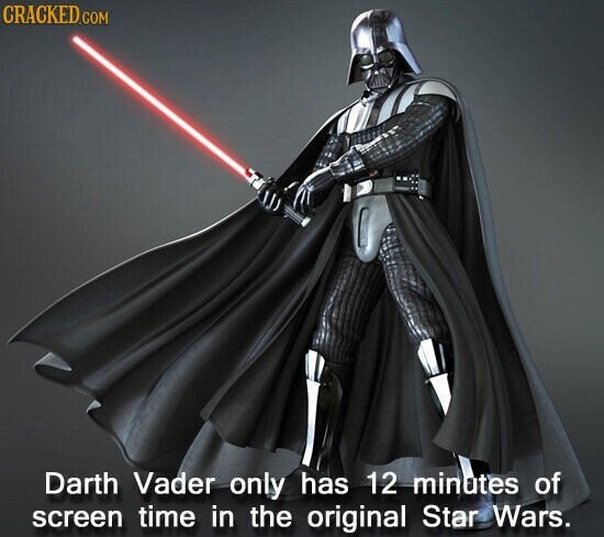 CRACKED COM Darth Vader only has 12 minutes of screen time in the original Star Wars.