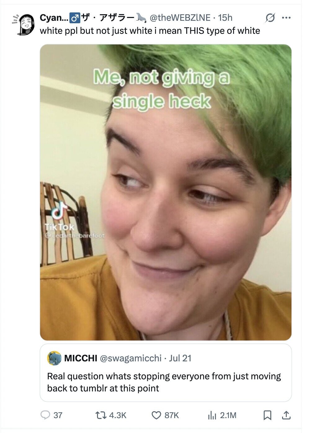 @theWEBZINE. 15h s ... Cyan... white ppl but not just white i mean THIS type of white Me, not giving a single heck TikTok @ecobarthebarefoot MICCHI @swagamicchi Jul 21 Real question whats stopping everyone from just moving back to tumblr at this point 37 4.3K 87K del 2.1M