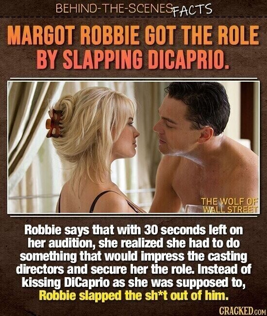 BEHIND-THE-SCENES FACTS MARGOT ROBBIE GOT THE ROLE BY SLAPPING DICAPRIO. THE WOLF OF WALL STREET Robbie says that with 30 seconds left on her audition, she realized she had to do something that would impress the casting directors and secure her the role. Instead of kissing DiCaprio as she was supposed to, Robbie slapped the sh*t out of him. CRACKED.COM