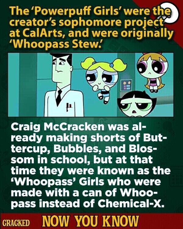 The 'Powerpuff Girls' were the creator's sophomore project at CalArts, and were originally 'Whoopass Stew! Craig McCracken was al- ready making shorts of But- tercup, Bubbles, and Blos- som in school, but at that time they were known as the 'Whoopass' Girls who were made with a can of Whoo- pass instead of Chemical-X. CRACKED NOW YOU KNOW