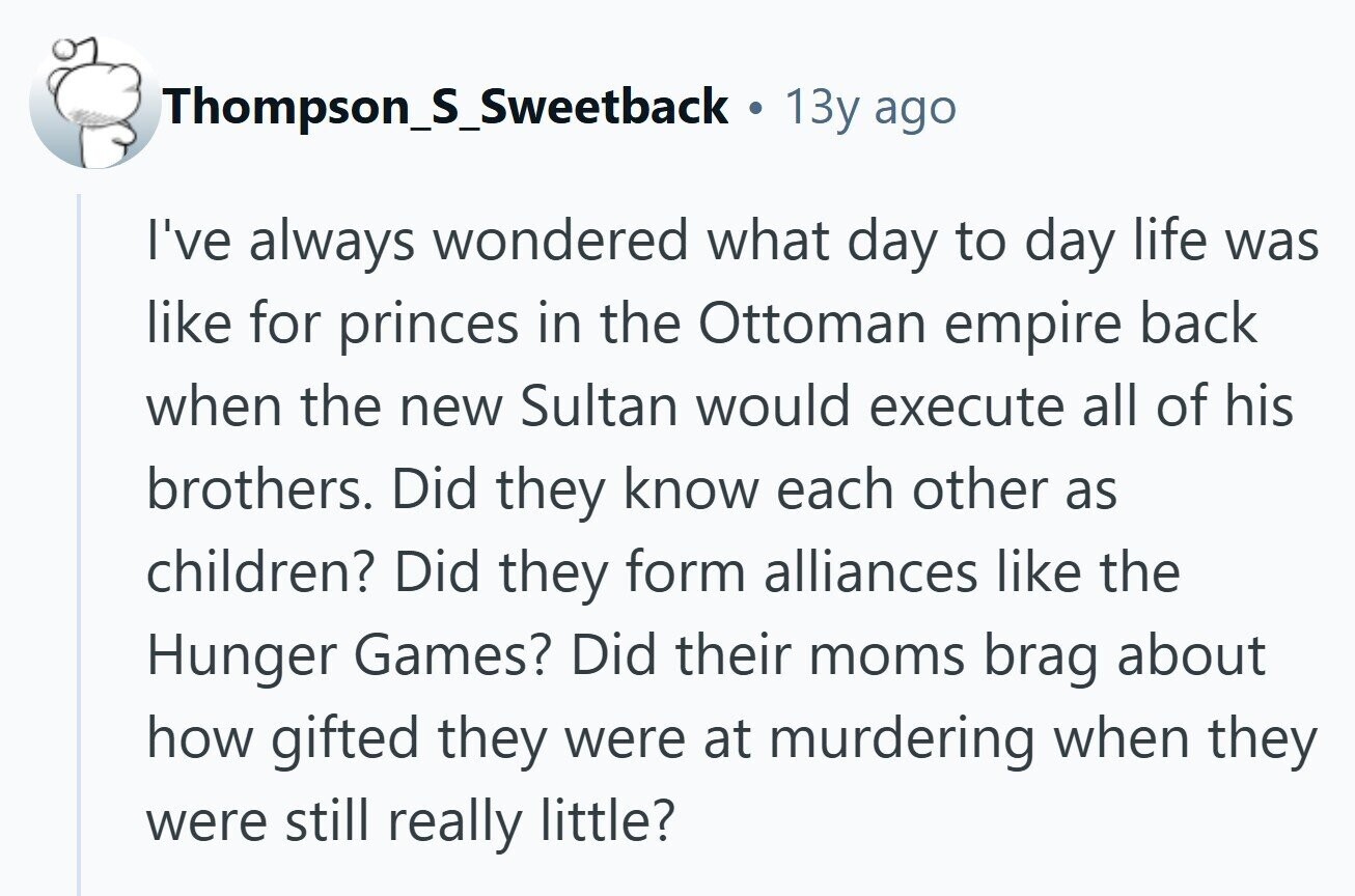 Thompson_S_Sweetback 13y ago I've always wondered what day to day life was like for princes in the Ottoman empire back when the new Sultan would execute all of his brothers. Did they know each other as children? Did they form alliances like the Hunger Games? Did their moms brag about how gifted they were at murdering when they were still really little? 