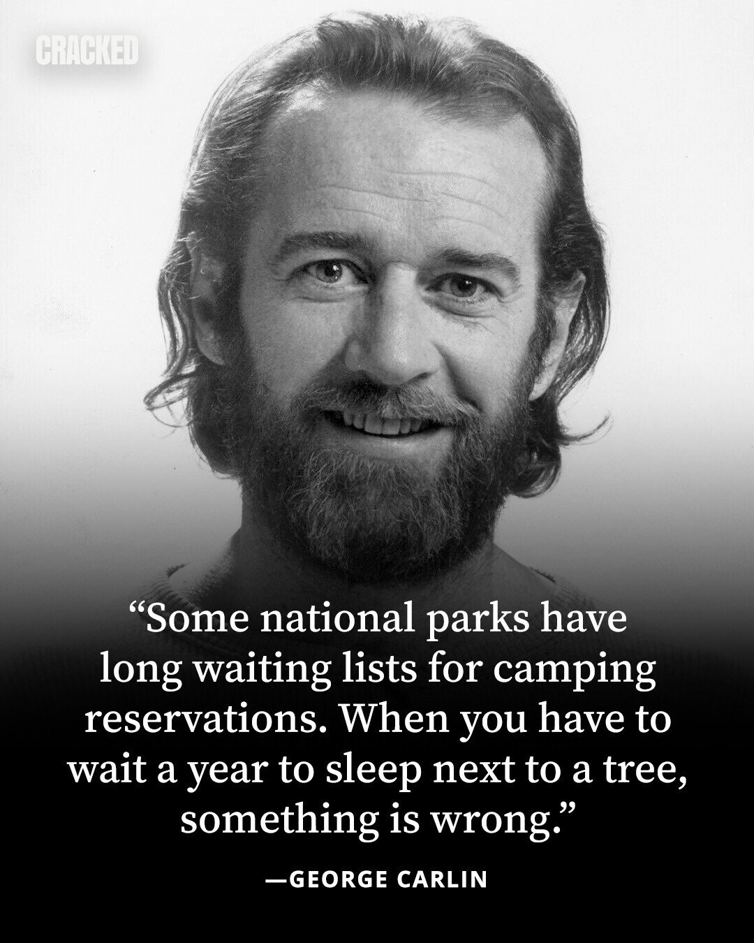CRACKED Some national parks have long waiting lists for camping reservations. When you have to wait a year to sleep next to a tree, something is wrong. -GEORGE CARLIN 