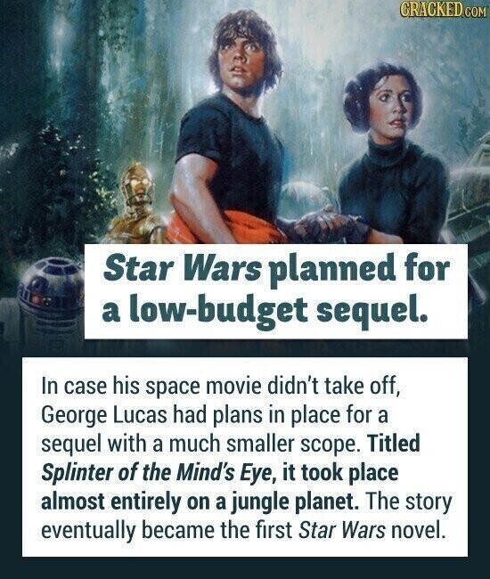 CRACKED.COM Star Wars planned for a low-budget sequel. In case his space movie didn't take off, George Lucas had plans in place for a sequel with a much smaller scope. Titled Splinter of the Mind's Eye, it took place almost entirely on a jungle planet. The story eventually became the first Star Wars novel.