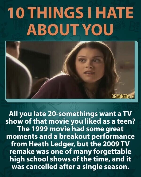 10 THINGS I HATE BE ABOUT YOU CRACKED.COM All you late 20-somethings want a TV show of that movie you liked as a teen? The 1999 movie had some great moments and a breakout performance from Heath Ledger, but the 2009 TV remake was one of many forgettable high school shows of the time, and it was cancelled after a single season.