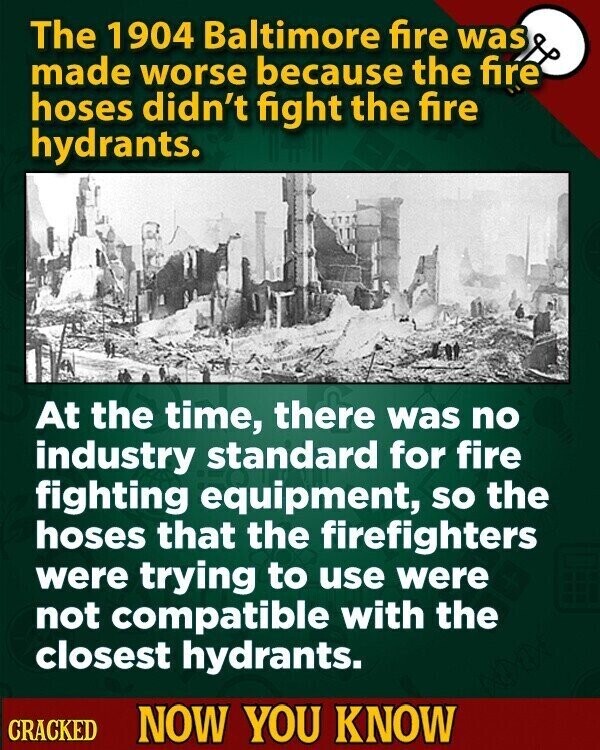 The 1904 Baltimore fire was made worse because the fire hoses didn't fight the fire hydrants. At the time, there was no industry standard for fire fighting equipment, so the hoses that the firefighters were trying to use were not compatible with the closest hydrants. CRACKED NOW YOU KNOW