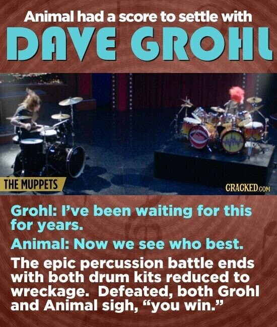 Animal had a score to settle with DAVE GROHL THE MUPPETS CRACKED.COM Grohl: I've been waiting for this for years. Animal: Now we see who best. The epic percussion battle ends with both drum kits reduced to wreckage. Defeated, both Grohl and Animal sigh, you win.