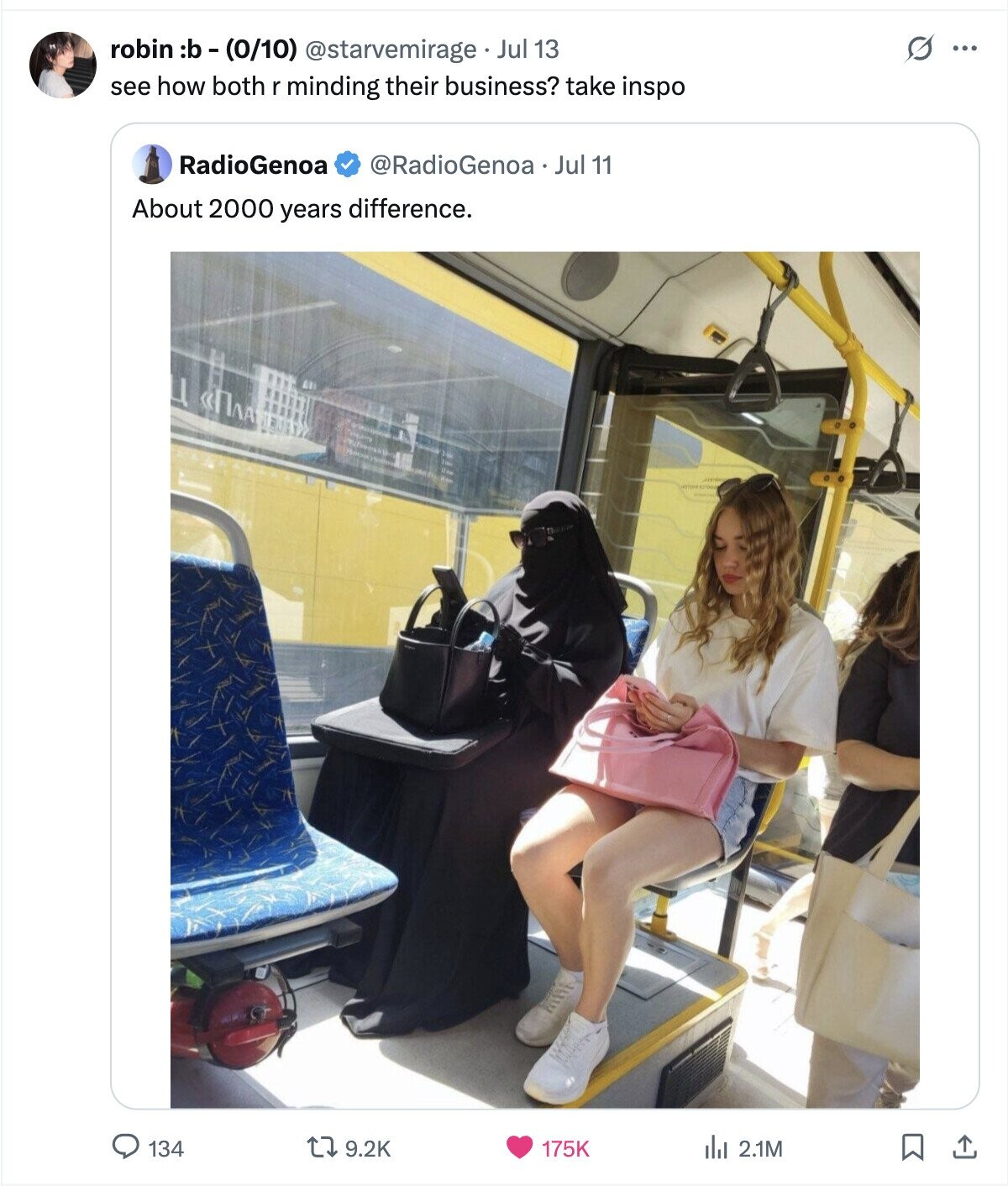 robin :b-(0/10) @starvemirage Jul 13 s ... see how both r minding their business? take inspo RadioGenoa @RadioGenoa Jul 11 About 2000 years difference. ПЛА 134 9.2K 175K del 2.1M