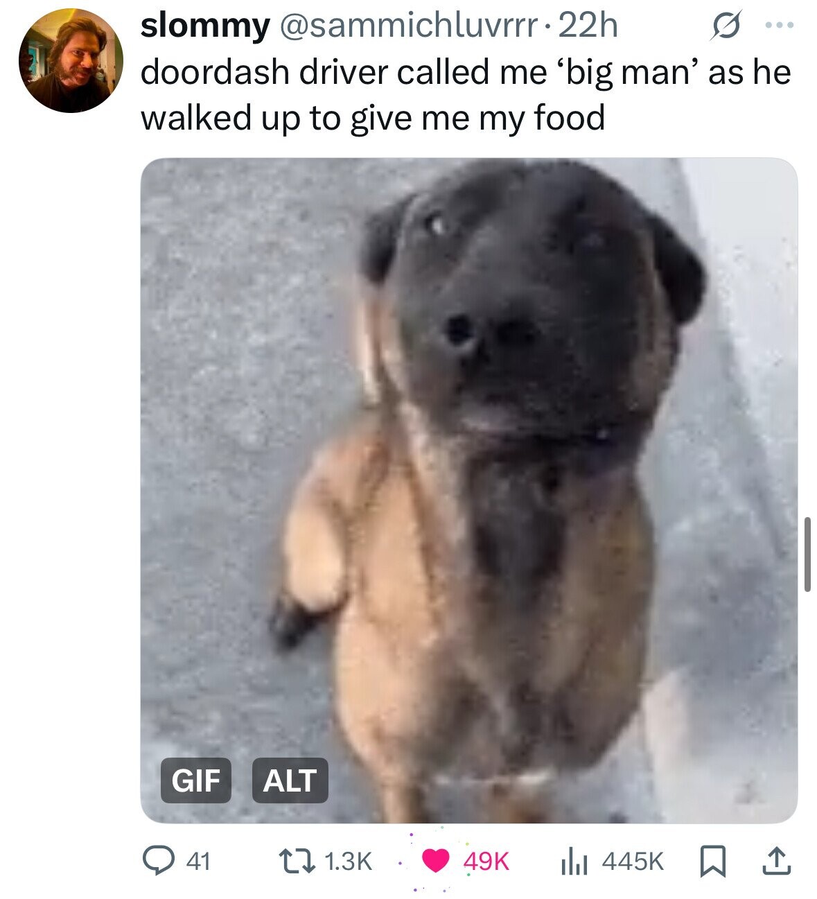 slommy @sammichluvrrrr 22h s ... doordash driver called me 'big man' as he walked up to give me my food GIF ALT 1.3K 49K 41 445K