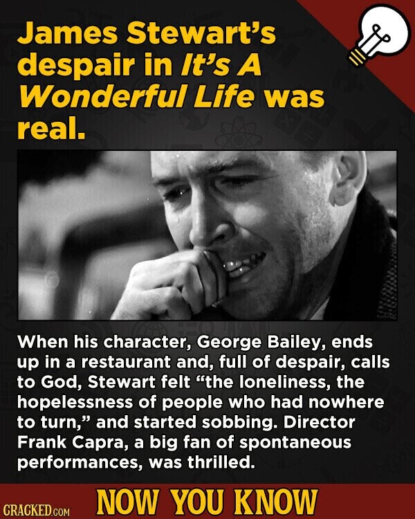 James Stewart's despair in It's A Wonderful Life was real. When his character, George Bailey, ends up in a restaurant and, full of despair, calls to God, Stewart felt the loneliness, the hopelessness of people who had nowhere to turn, and started sobbing. Director Frank Capra, a big fan of spontaneous performances, was thrilled. NOW YOU KNOW CRACKED.COM