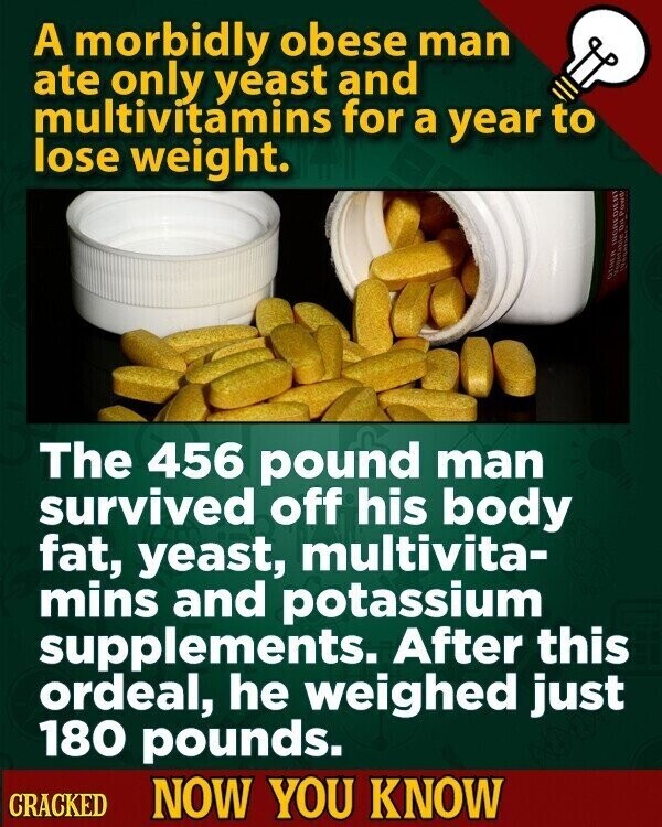 A morbidly obese man ate only yeast and multivitamins for a year to lose weight. INGREDIENT DI Powd OTHER Vegetative The 456 pound man survived off his body fat, yeast, multivita- mins and potassium supplements. After this ordeal, he weighed just 180 pounds. CRACKED NOW YOU KNOW