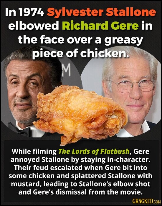 In 1974 Sylvester Stallone elbowed Richard Gere in the face over a greasy piece of chicken. M While filming The Lords of Flatbush, Gere annoyed Stallone by staying in-character. Their feud escalated when Gere bit into some chicken and splattered Stallone with mustard, leading to Stallone's elbow shot and Gere's dismissal from the movie. CRACKED.COM