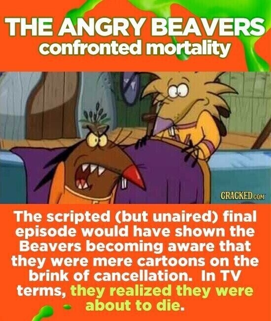 THE ANGRY BEAVERS confronted mortality CRACKED.COM The scripted (but unaired) final episode would have shown the Beavers becoming aware that they were mere cartoons on the brink of cancellation. In TV terms, they realized they were about to die.