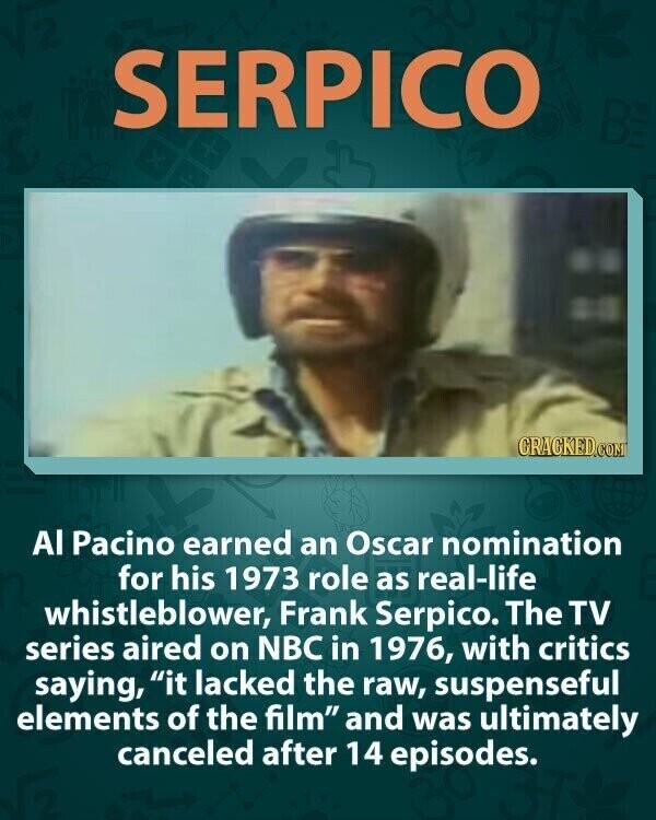 SERPICO GRACKED.COM Al Pacino earned an Oscar nomination for his 1973 role as real-life whistleblower, Frank Serpico. The TV series aired on NBC in 1976, with critics saying, it lacked the raw, suspenseful elements of the film and was ultimately canceled after 14 episodes.