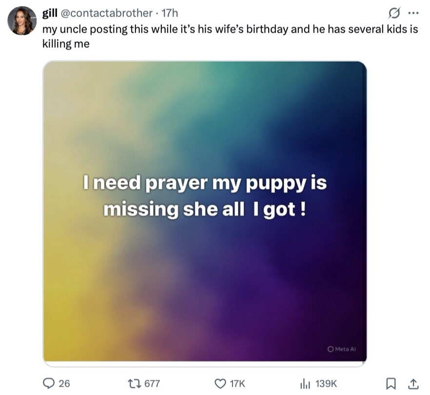 S ... gill @contactabrother 17h my uncle posting this while it's his wife's birthday and he has several kids is killing me I need prayer my puppy is missing she all I got ! C Meta A 26 677 17K 139K 
