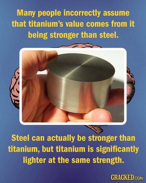 Many people incorrectly assume that titanium's value comes from it being stronger than steel. Steel can actually be stronger than titanium, but titanium is significantly lighter at the same strength. CRACKED.COM