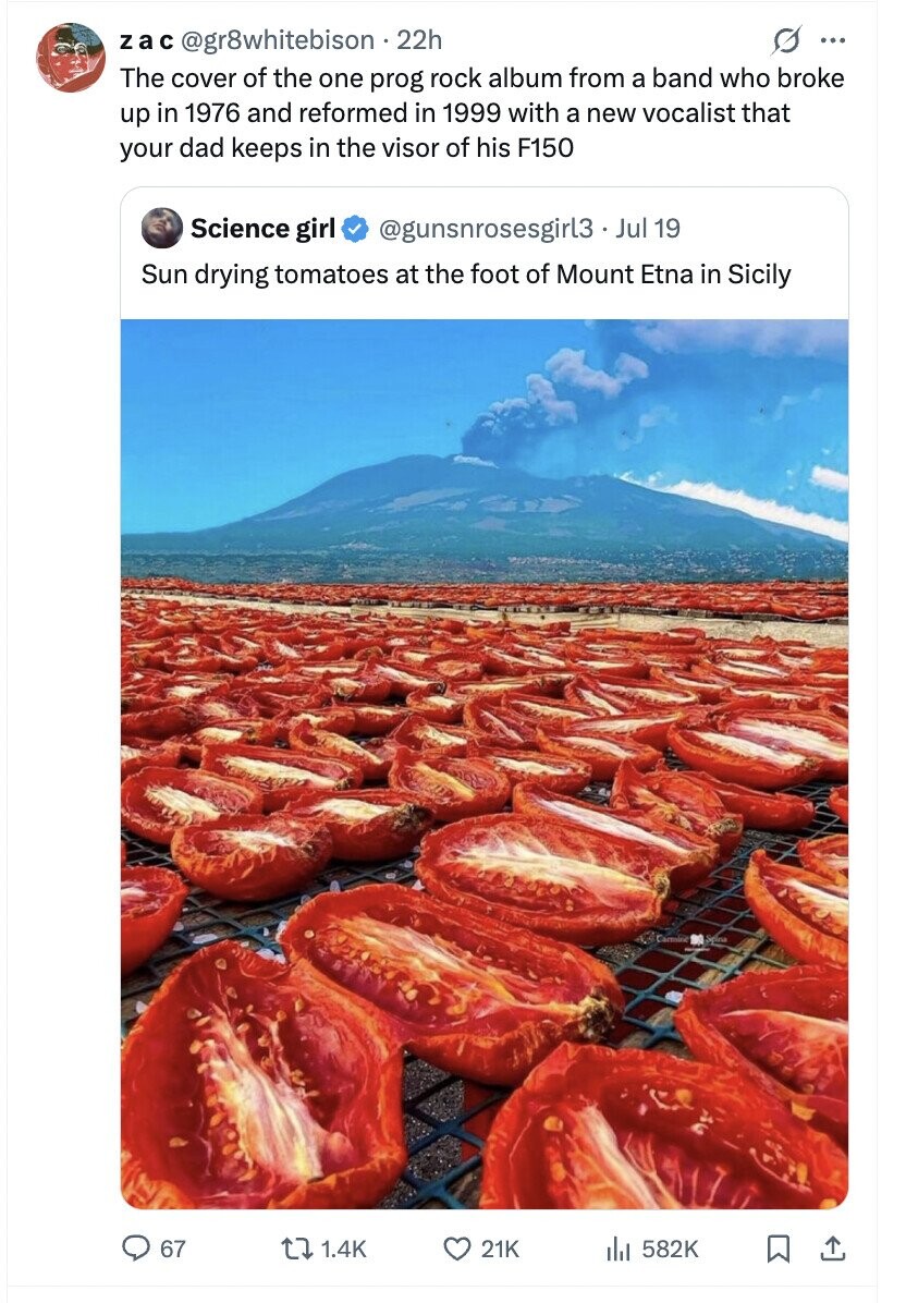 za с @gr8whitebison.22h s ... The cover of the one prog rock album from a band who broke up in 1976 and reformed in 1999 with a new vocalist that your dad keeps in the visor of his F150 Science girl @gunsnrosesgirl3 . Jul 19 Sun drying tomatoes at the foot of Mount Etna in Sicily 67 1.4K 21K 582K