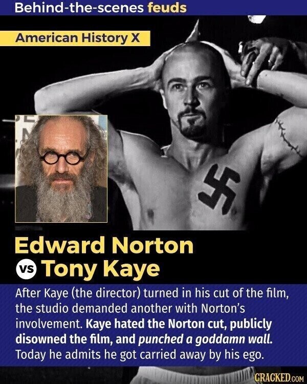 Behind-the-scenes feuds American History X УБ Edward Norton vs Tony Kaye After Kaye (the director) turned in his cut of the film, the studio demanded another with Norton's involvement. Kaye hated the Norton cut, publicly disowned the film, and punched a goddamn wall. Today he admits he got carried away by his ego. CRACKED.COM