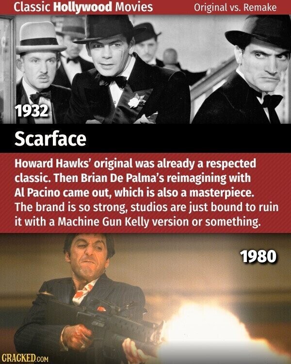 Classic Hollywood Movies Original VS. Remake 1932 Scarface Howard Hawks' original was already a respected classic. Then Brian De Palma's reimagining with Al Pacino came out, which is also a masterpiece. The brand is so strong, studios are just bound to ruin it with a Machine Gun Kelly version or something. 1980 CRACKED.COM