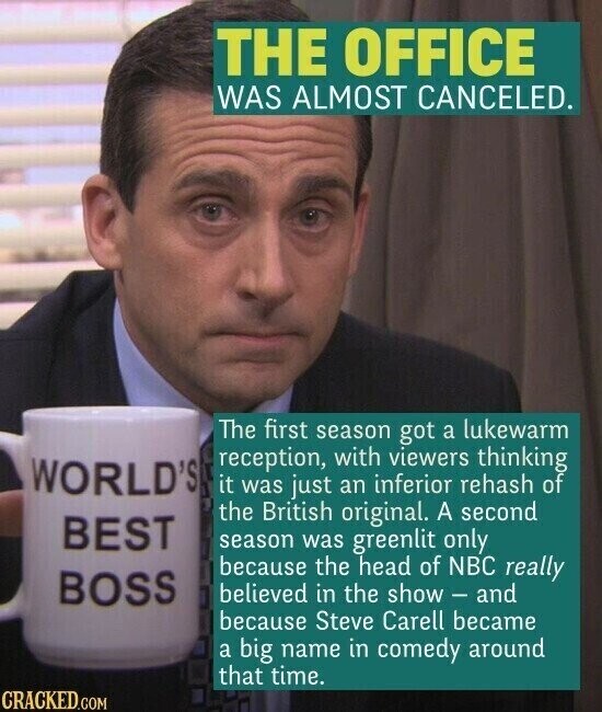 THE OFFICE WAS ALMOST CANCELED. The first season got a lukewarm reception, with viewers thinking WORLD'S it was just an inferior rehash of the British original. A second BEST season was greenlit only because the head of NBC really BOSS believed in the show - and because Steve Carell became a big name in comedy around that time. CRACKED.COM