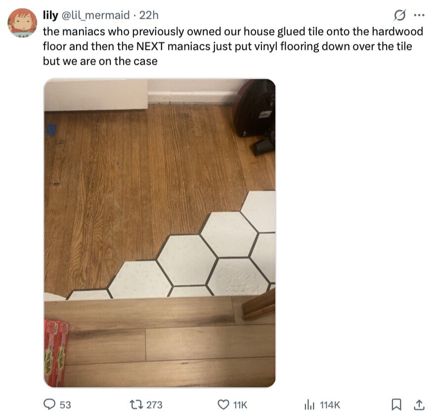 lily @lil_mermaid 1.22h ... the maniacs who previously owned our house glued tile onto the hardwood floor and then the NEXT maniacs just put vinyl flooring down over the tile but we are on the case POLA 53 273 11K del 114K 