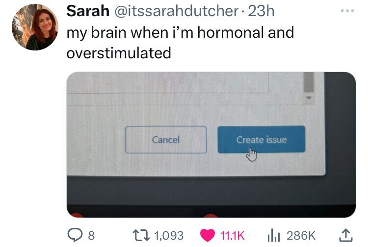 Sarah @itssarahdutcher 23h ... my brain when i'm hormonal and overstimulated Cancel Create issue 8 1,093 11.1K 286K