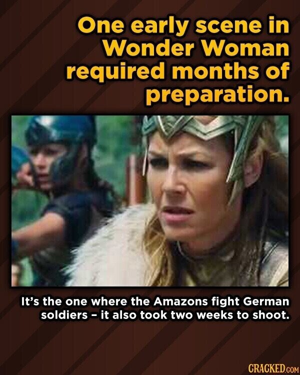 One early scene in Wonder Woman required months of preparation. It's the one where the Amazons fight German soldiers - it also took two weeks to shoot. CRACKED.COM