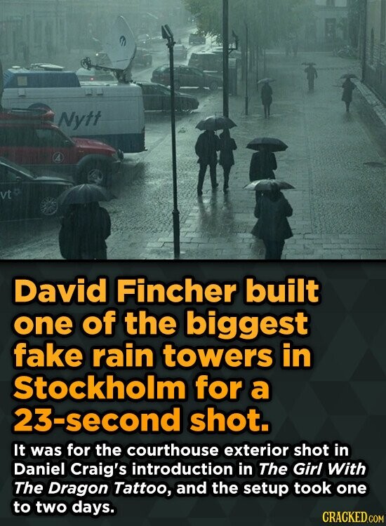 Nytt 4 vt David Fincher built one of the biggest fake rain towers in Stockholm for a 23-second shot. It was for the courthouse exterior shot in Daniel Craig's introduction in The Girl With The Dragon Tattoo, and the setup took one to two days. CRACKED.COM