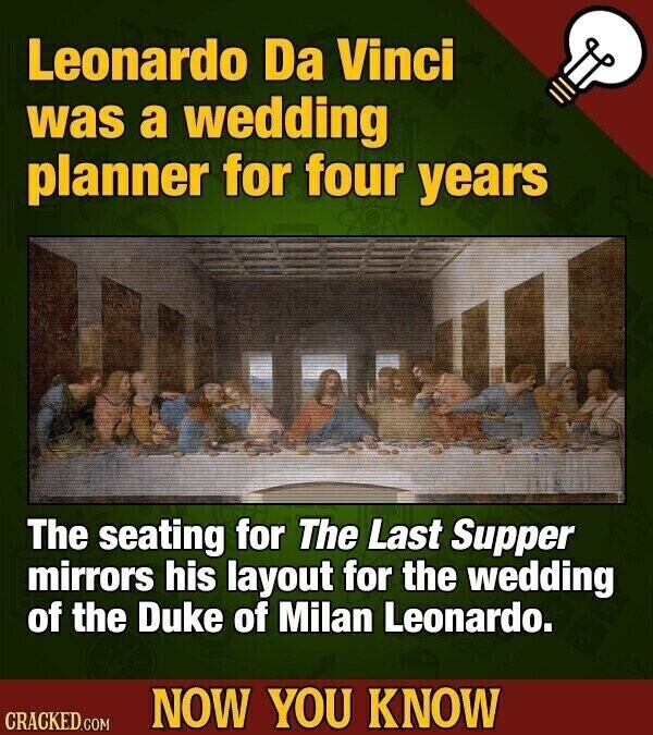 Leonardo Da Vinci was a wedding planner for four years The seating for The Last Supper mirrors his layout for the wedding of the Duke of Milan Leonardo. NOW YOU KNOW CRACKED.COM