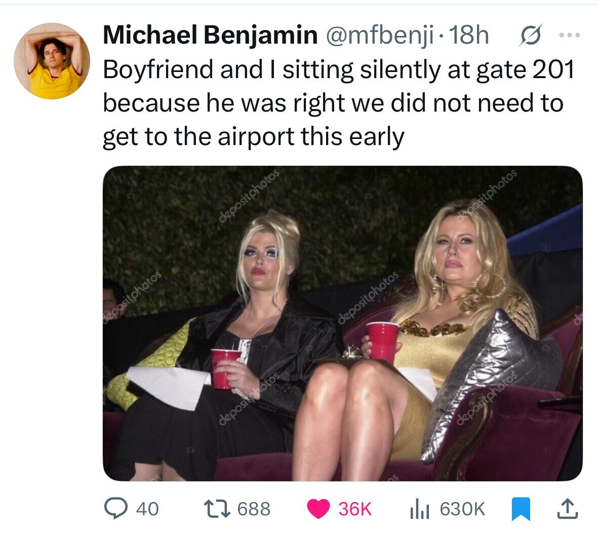 Michael Benjamin @mfbenji 18h s ... Boyfriend and I sitting silently at gate 201 because he was right we did not need to get to the airport this early depositphotos depositphotos depositphotos depositphotos depositphotos depositphotos 40 688 36K 630K 