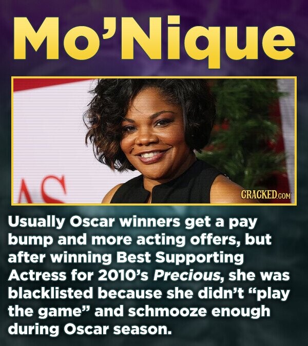 Mo'Nique AS CRACKED.COM Usually Oscar winners get a pay bump and more acting offers, but after winning Best Supporting Actress for 2010's Precious, she was blacklisted because she didn't play the game and schmooze enough during Oscar season.