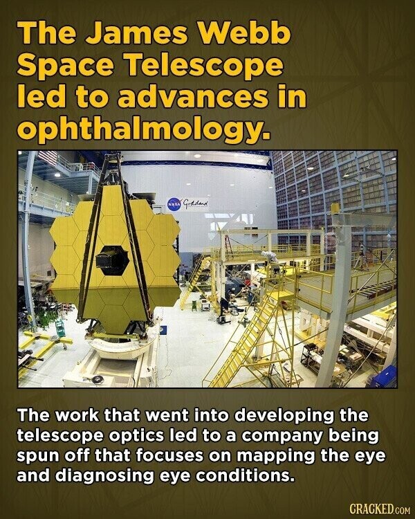 The James Webb Space Telescope led to advances in ophthalmology. NASA Grddard The work that went into developing the telescope optics led to a company being spun off that focuses on mapping the eye and diagnosing eye conditions. CRACKED.COM