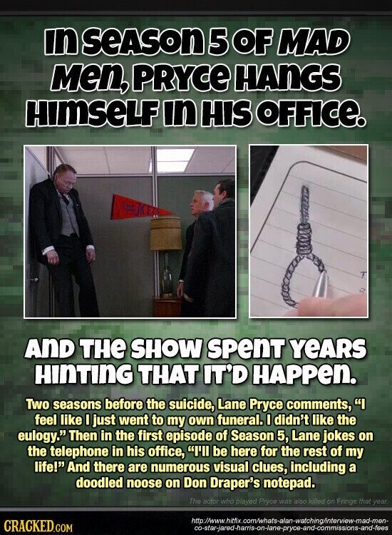 in SEASON 5 OF MAD Men, PRYCE HANGS HImSeLF in HIS OFFICE. AND THE SHOW SPenT YEARS HINTING THAT IT'D HAPPEN. Two seasons before the suicide, Lane Pryce comments, I feel like I just went to my own funeral. I didn't like the eulogy. Then in the first episode of Season 5, Lane jokes on the telephone in his office, I'll be here for the rest of my life! And there are numerous visual clues, including a doodled noose on Don Draper's notepad. The actor who played Pryce was also killed on Fringe that year http://www.hitfix.com/whats-alan-watching/interview-mad-men- CRACKED.COM co-star-jared-harris-on-lane-pryce-and-commissions-and-fees