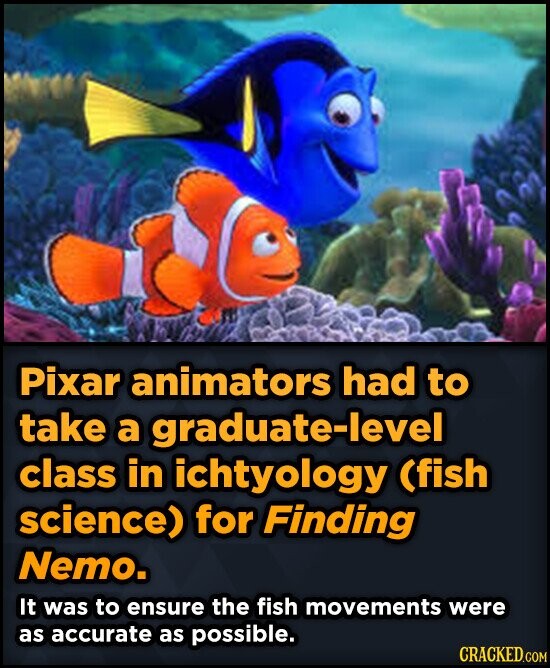 Pixar animators had to take a graduate-level class in ichtyology (fish science) for Finding Nemo. It was to ensure the fish movements were as accurate as possible. CRACKED.COM