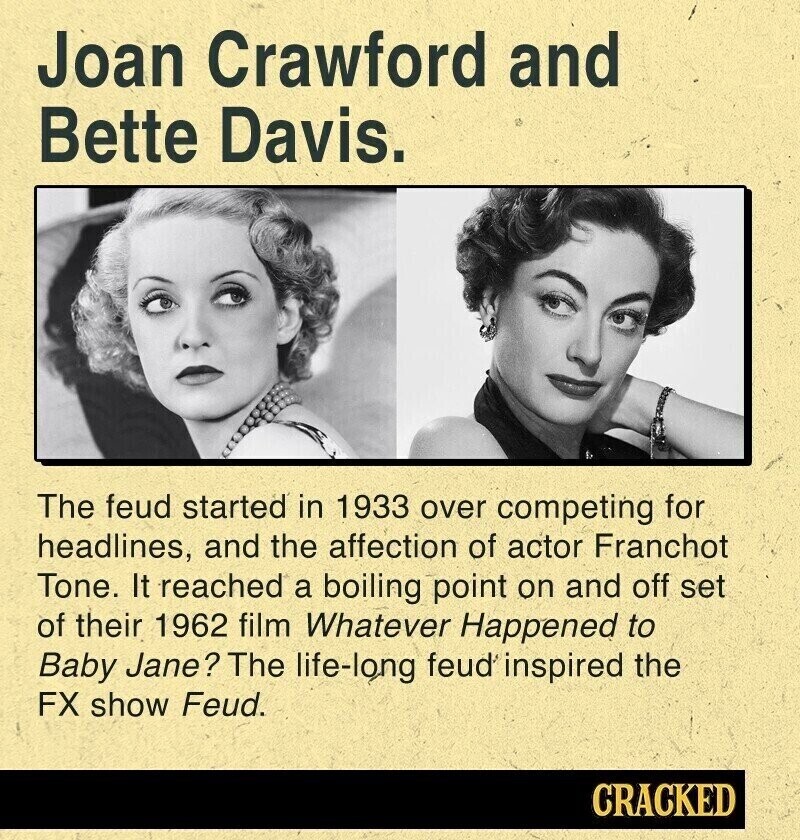 Joan Crawford and Bette Davis. The feud started in 1933 over competing for headlines, and the affection of actor Franchot Tone. It reached a boiling point on and off set of their 1962 film Whatever Happened to Baby Jane? The life-long feud inspired the FX show Feud. CRACKED