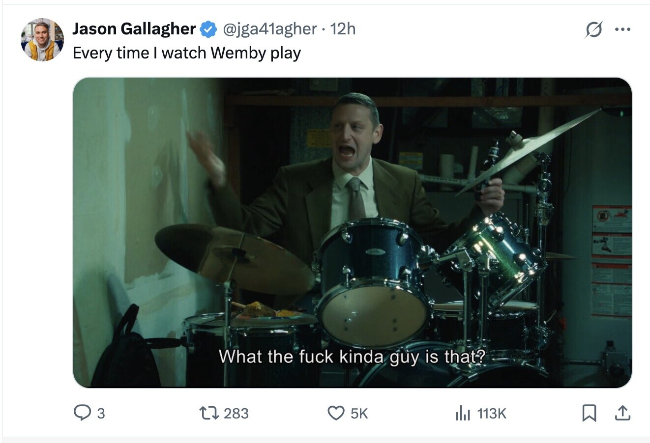 Jason Gallagher @jga41agher . 1 12h S ... Every time I watch Wemby play What the fuck kinda guy is that? 3 283 5K del 113K