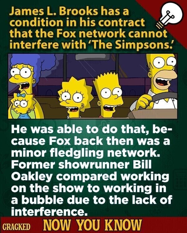 James L. Brooks has a condition in his contract that the Fox network cannot interfere with 'The Simpsons.' Не was able to do that, be- cause Fox back then was a minor fledgling network. Former showrunner Bill Oakley compared working on the show to working in a bubble due to the lack of interference. CRACKED NOW YOU KNOW