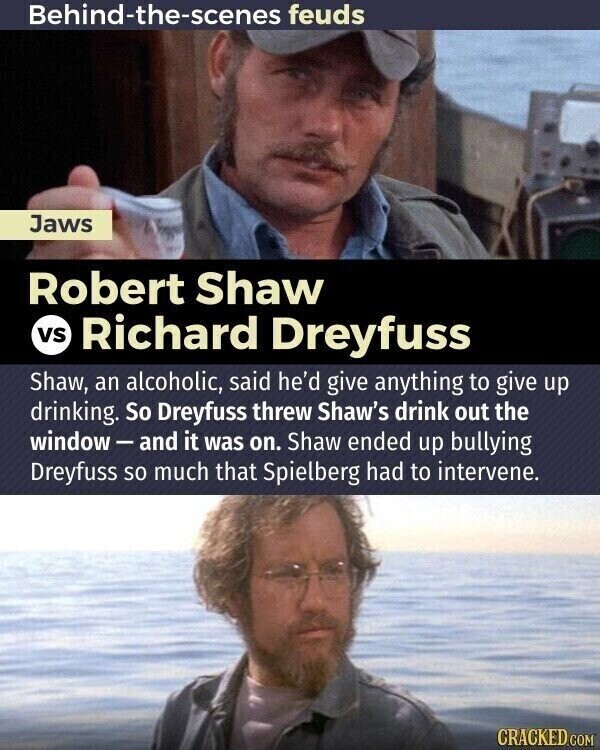 Behind-the-scenes feuds Jaws Robert Shaw vs Richard Dreyfuss Shaw, an alcoholic, said he'd give anything to give up drinking. So Dreyfuss threw Shaw's drink out the window-and it was on. Shaw ended up bullying Dreyfuss so much that Spielberg had to intervene. CRACKED.COM
